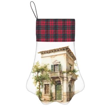 Imagem de SKKNT Edifício antigo com ramo de oliveira romano e impressão grega meias de Natal animais de estimação decoração de natal cães gatos árvore decoração doce presente conveniente