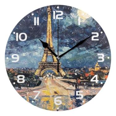 Imagem de JUZIHAI Relógio de parede da Torre Eiffel, silencioso, redondo, sem tique-taque, operado por bateria, fácil de ler, relógio decorativo de parede para casa, cozinha, sala de estar, quarto, escritório
