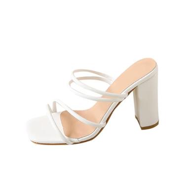 Imagem de Tamanho grande, cor sólida, cabeça quadrada, salto alto, para mulheres, casual, verão, moda, sem cadarço, uso externo, interno, confortável, Branco, 35