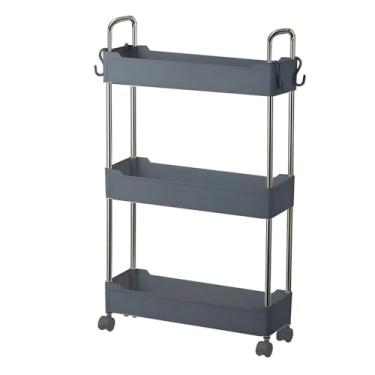 Imagem de Prateleira Multiuso 3 Andares com Rodinha, Cinza, Plástico PP e Aço Inox, 62x12x40 cm, com Rodízios 360°