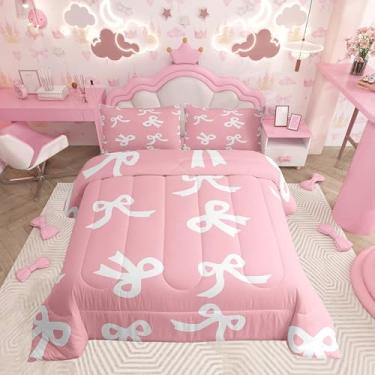 Imagem de Feelyou Conjunto de edredom casal com laço, estilo princesa, sonhador, gravata borboleta, nó de príncipes, conjunto de edredom fofo rosa escuro