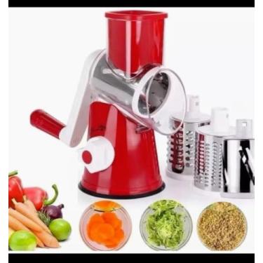 Imagem de Cortador de Legumes Rotativo Manual, Vermelho e Branco, com 3 Lâminas de Aço Inoxidável, Ralador Multifuncional para Cozinha. Ideal Para Ralar, Fatiar e Truturar Verduras, Queijo, frutas