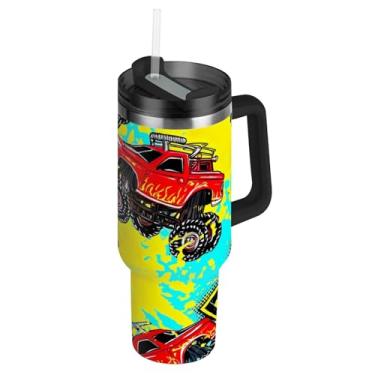 Imagem de Copos com tampas e canudo vibrante Red Monster Trucks Copo de pneu com alça 850 g Garrafas de água para adultos Garrafa de água isolada de aço inoxidável cabe no copo do carro