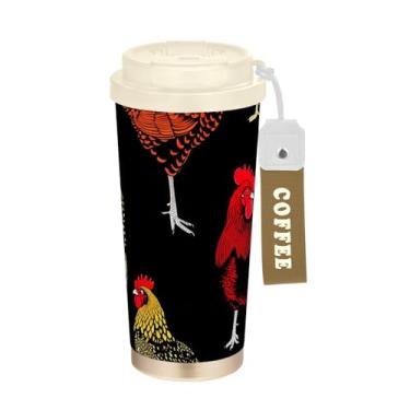 Imagem de TSENQUE Copo de café de 473 ml com revestimento cerâmico, copo de café de aço inoxidável com canudo e tampa de filme, copo isolado a vácuo, várias galinhas animais pretos