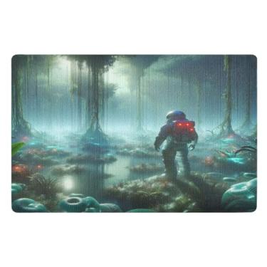 Imagem de Joisal Surreal Astronaut in Swamp Forest Tapetes de porta internos para entrada de casa 81 cm x 50 cm Tapete de boas-vindas ao ar livre antiderrapante para ambientes externos internos
