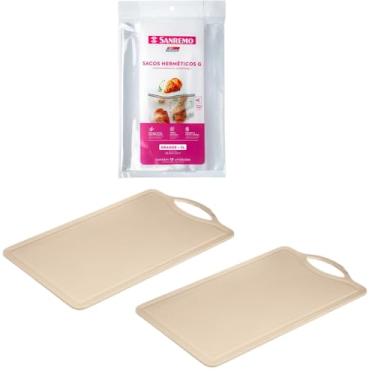 Imagem de Conjunto de 2 Tábua Bege Plástica de Corte para Alimentos + 1 Saco Hermetico Transparente 3 Litros
