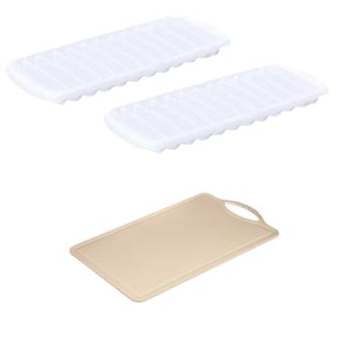 Imagem de Conjunto de 1 Tábua Bege Plástica de Corte para Alimentos + 2 Forma de gelo em Cubos Plástica Branco Atóxica