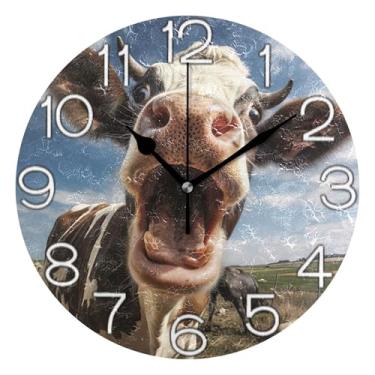 Imagem de GAIGEO Relógio de parede decorativo analógico operado por bateria, relógio de sala de aula, escritório, arte de parede moderna, decoração de casa, vaca vívida engraçada, 25 cm, ponteiros pretos
