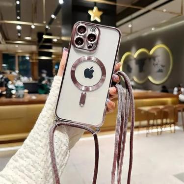 Imagem de Capa magnética com alça de celular de luxo para iPhone 15, 14, 13, 12, 11 Pro Max 15 Plus, capa com carregamento sem fio e corda pendurada, rosa, para iPhone 14 Plus