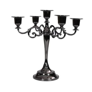 Imagem de 1 castiçal de metal preto brilhante de 5 cabeças, suporte de vela com design ramificado, suporte de vela afunilado com acabamento polido, decoração de casa para sala de jantar, casamento, Natal, festa