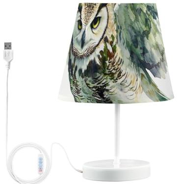 Imagem de TSENQUE Candeeiro de mesa personalizado com estampa engraçada, luminária de cabeceira USB fofa para mesa de cabeceira, lâmpadas decorativas de LED reguláveis para quarto de crianças, estampa de coruja