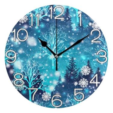 Imagem de GAIGEO Relógio de parede analógico decorativo escritório cozinha relógio estético silencioso sem tique-taque, decoração de sala de estar, arte moderna, cena de floresta de inverno, neve, Natal, 25 cm