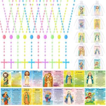 Imagem de Cunno Conjunto de 30 presentes religiosos católicos inclui colar de rosário de plástico a granel, cartões de oração sagrada e bolsas de organza para mulheres e homens, presentes de batismo de primeira