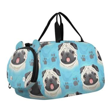 Imagem de Linda bolsa esportiva azul para cães pug para meninos durante a noite para o fim de semana e meninas para viagens e crianças, Cachorro Pug fofo azul, Clássico