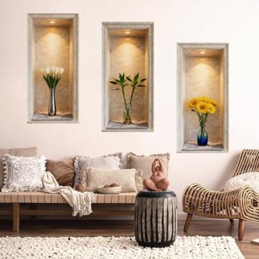 Imagem de Adesivos de parede de nicho falso 3D de 3 folhas, decalques de vaso de flores de mármore para decoração de sala de estar e quarto (vaso planta)