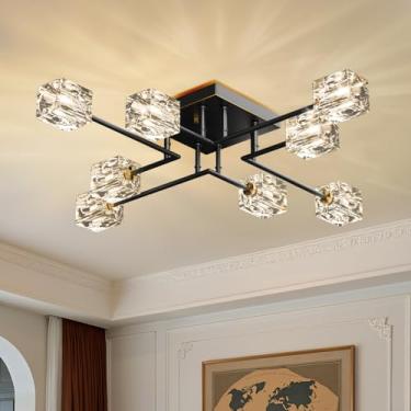 Imagem de Luminária de Teto Sputnik Moderna Preto e Dourado com Cristal K9, Lustre Semi Embutido com 8 Luzes para Sala de Estar e Quarto, Soquete G9 (Máx. 40W, Lâmpadas Não Inclusas)