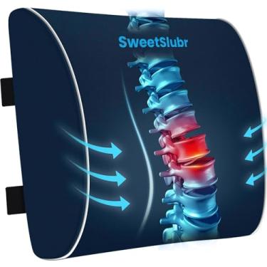 Imagem de SweetSlubr Almofada de apoio lombar para cadeira de escritório, assentos de carro e mesas domésticas, suporte ergonômico para as costas com alças ajustáveis duplas, capa lavável na máquina, azul
