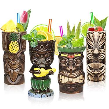 Imagem de SuproBarware Conjunto de 4 canecas Tiki – canecas de cerâmica havaianas para festa grande, canecas Tiki Bar para coquetéis, copos tropicais premium para festas exóticas – TJB02 (4 peças)