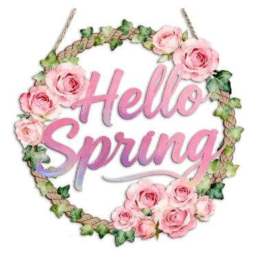 Imagem de Guirlanda de porta de madeira para decoração de porta da frente, sinalização de parede, coroa de flores ocas, sinal de olá primavera, bem-vindo, pendurar para decoração de parede de casa, suprimentos