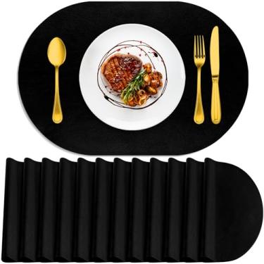 Imagem de ADRIMER Jogo americano oval, resistente ao calor, conjunto de 12 laváveis, 30,5 x 43,3 cm, tapetes de mesa à prova d'água, tapetes de poliuretano limpáveis para cozinha, sala de jantar, preto