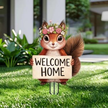 Imagem de Estacas de jardim de esquilo decoração de jardim acrílico - decoração de placa de acrílico de jardim 2D, arte de quintal de fantasia, presente para amantes da natureza, para vasos de flores internos e