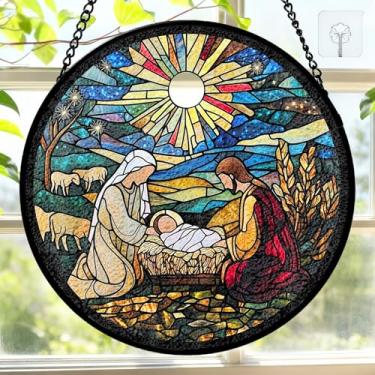 Imagem de Vitral de 19 cm para pendurar presépio, apanhador de sol, janela interna, parede, quintal, decoração de casa, painel de vidro colorido, apanhador de sol, presente religioso cristão para mulheres