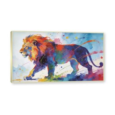 Imagem de NHLDZYH Moldura dourada. Arte abstrata de respingos de leão, pintura colorida de animais em tela, decoração de parede expressiva moderna para sala de estar ou escritório. A110. 75 x 135 cm - 29,5 x