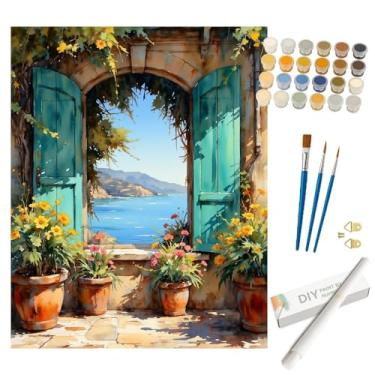 Imagem de Kit de pintura mediterrânea por números para adultos – pintura DIY vista à beira-mar através da janela, enrolada em tela, 40 x 50 cm, conjunto de tinta acrílica, adequado para iniciantes, arte para
