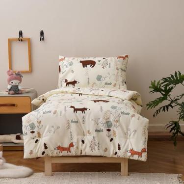 Imagem de Luxlovery Jogo de cama infantil com estampa de urso de desenho animado e amarelo, 4 peças (1 edredom, 1 lençol de cima, 1 lençol com elástico, 1 fronha)