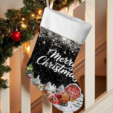 Imagem de Meias de Natal, árvore de Natal, boneco de neve, Papai Noel, 45,7 cm, grande, paisagem de neve de inverno, decorações de Natal, decorações de Natal, meia pendurada para lareira de festa de férias em