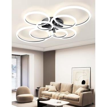 Imagem de Luminária de teto LED moderna com design de anéis, dimerizável e com controle remoto. Ideal para sala de estar, quarto, sala de jantar e escritório. Luminária de acrílico embutida para sala