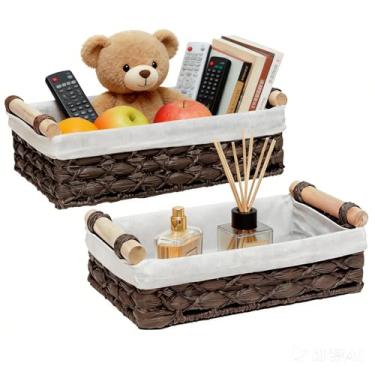 Imagem de YAOYAO LAND Cesto de armazenamento de vime para organização, caixas de armazenamento para bancada e papel higiênico, organizador de tanque de vaso sanitário (conjunto de 2, marrom escuro)