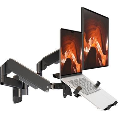 Imagem de PUTORSEN Braço para monitor de parede com bandeja de laptop, suporte de parede para monitor duplo 2 em 1