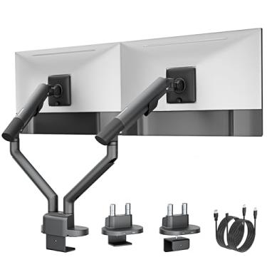Imagem de monTEK Suporte de monitor duplo com USB para telas de até 88.9 cm, cada braço comporta no máximo 11 kg, suporte de mesa para monitor ajustável de movimento total com braçadeira C/ilhó, cinza espacial