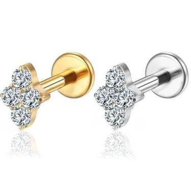 Imagem de Piercing Helix Tragus Conch Boca Labret Titânio Pvd Quatro Zircônias 1.2x8mm (Dourado)