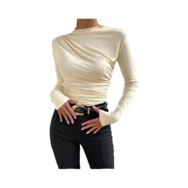 Imagem de Camiseta Cropped Básica Branca De Manga Longa Para Mulheres, T-Shirt C