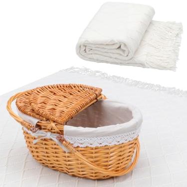 Imagem de Amyhill 1 cesta grande de vime vazia de 38 cm com alça e forro removível vem com 1 cobertor de malha texturizado bege, estilo boêmio, para piqueniques, acampamento e atividades ao ar livre