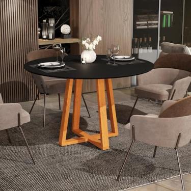 Imagem de Mesa de Jantar Redonda Diamante 90 cm, Tampo MDF com Pintura UV, Pés em Madeira Maciça, Base Cruzada, Altura 74 cm, Design Moderno (Preto/Freijó)