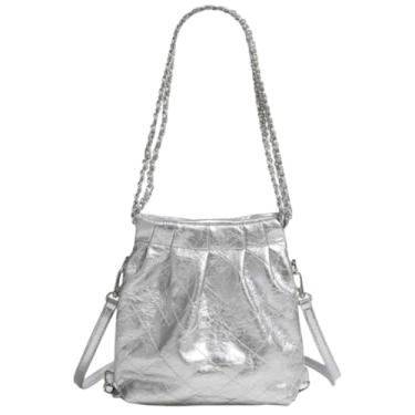 Imagem de XinYiQu Bolsa feminina fashion com alça de corrente, bolsa tiracolo de couro PU, bolsa acolchoada, Prata