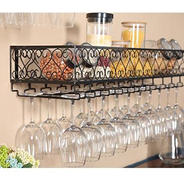 Imagem de Rack de vinho preto montado na parede, suporte de garrafa de vinho de ferro de metal, rack de vidro para pendurar prateleira de armazenamento, prateleiras organizadoras flutuantes de cozinha de bar