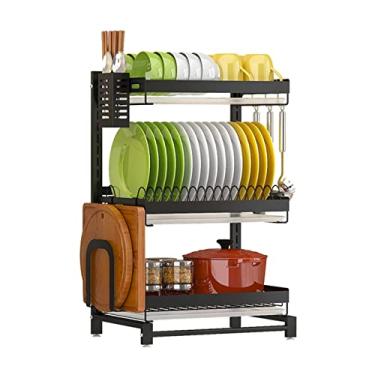 Imagem de Escorredor de pratos bancada de cozinha prateleira de grande capacidade, escorredor de aço inoxidável tinta de cozimento rack de armazenamento preto com bandeja de captura de água (tamanho: 62 cm