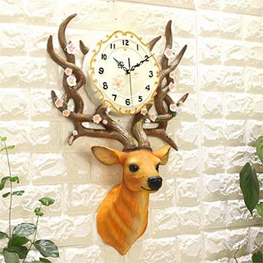 Imagem de U5GAAALPPQ9 Relógio de parede 3D com cabeça de veado em resina estilo pastoral para sala de estar decoração luxuosa artesanato agulha 12 horas digital mudo arte 60 * 42 cm (ouro)