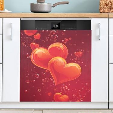 Imagem de Capa magnética para lava-louças com estampa de corações vermelhos para cozinha, dia dos namorados, decorativa, reutilizável, capa para lava-louças, painel de armários de eletrodomésticos, 58 x 66 cm