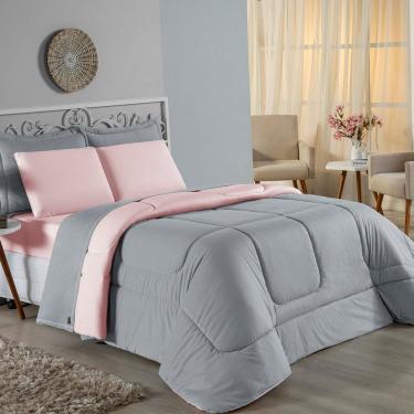 Imagem de Kit Edredom Dupla Face + Jogo De Lençol Solteiro Nobre 5 Peças Malha 100% Algodão - Cinza / Rosa