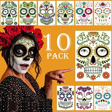 Imagem de Kit de maquiagem Day of the Dead Face Tattoos, pacote com 10 tatuagens temporárias de caveira de açúcar e rosas vermelhas para adultos, mulheres, homens e crianças, adesivos de máscara facial de