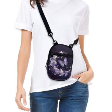 Imagem de Bolsa feminina pequena a tiracolo para celular, carteira com zíper, bolsa carteiro com alça ajustável, Borboleta roxa