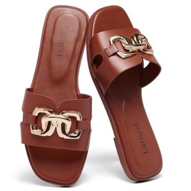 Imagem de Lurnyet Sandálias rasteiras femininas elegantes de verão confortáveis modernas chinelos de couro para praia fofas sandálias femininas casuais, Marrom, 36