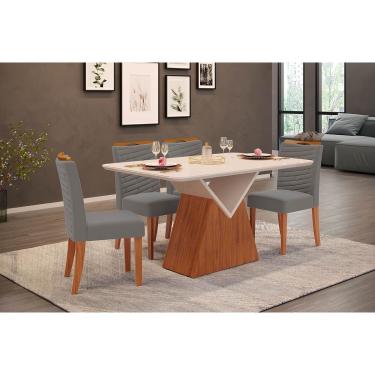 Imagem de Conjunto: Mesa de Cozinha Argo c/ Tampo Madeirado c/ Vidro Curvo 136x90cm e 4 Cadeiras Julia Freijo/Off White - Suede Lunar - DJ Móveis