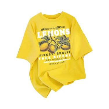Imagem de Camiseta Feminina Solta De Algodão Com Estampa De Limão, Gola Redonda,