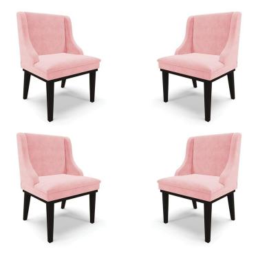 Imagem de Kit 4 Cadeiras Decorativas Sala De Jantar Base Fixa De Madeira Firenze Suede Rosa Bebê/preto G19